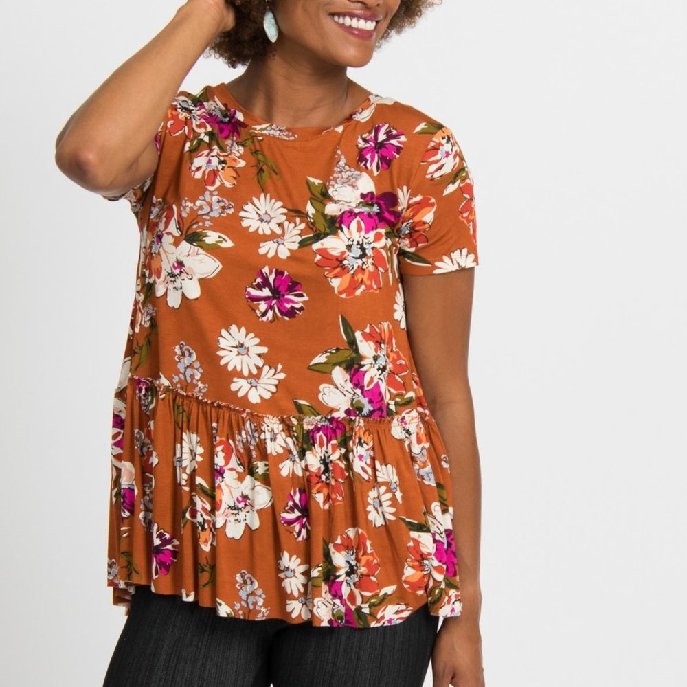 Agnes & Dora Relaxed Ruffle Top Copper Floral NWT